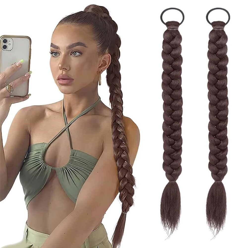 2Pcs Synthetic Ponytail Extensions Braided Straight Hair Ties for Women